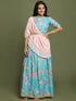 Girl's Aqua Blue Floral Print Crop Top & Lehenga Set With Dupatta